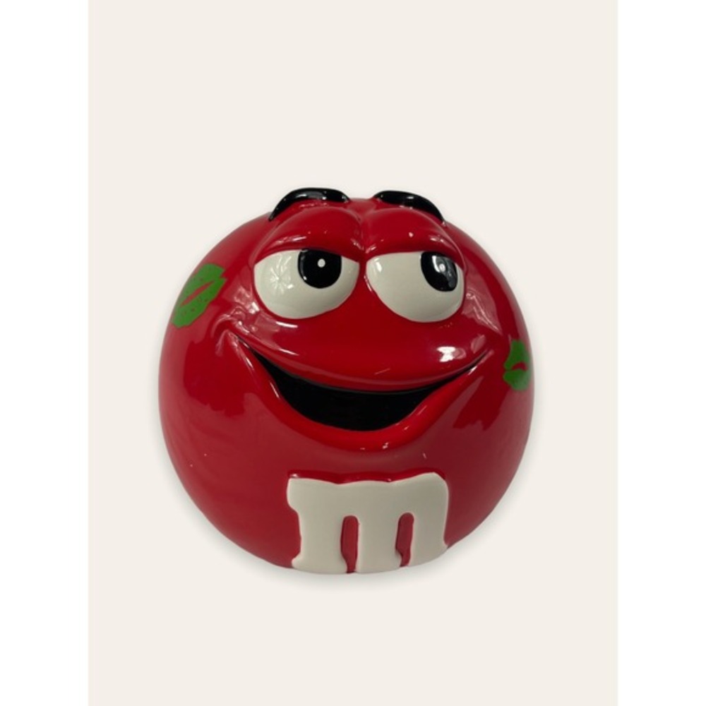 RARE!!  M&M Red Ceramic Cookie Jar Candy Galerie Green Kiss Lips 2003 Vintage‎